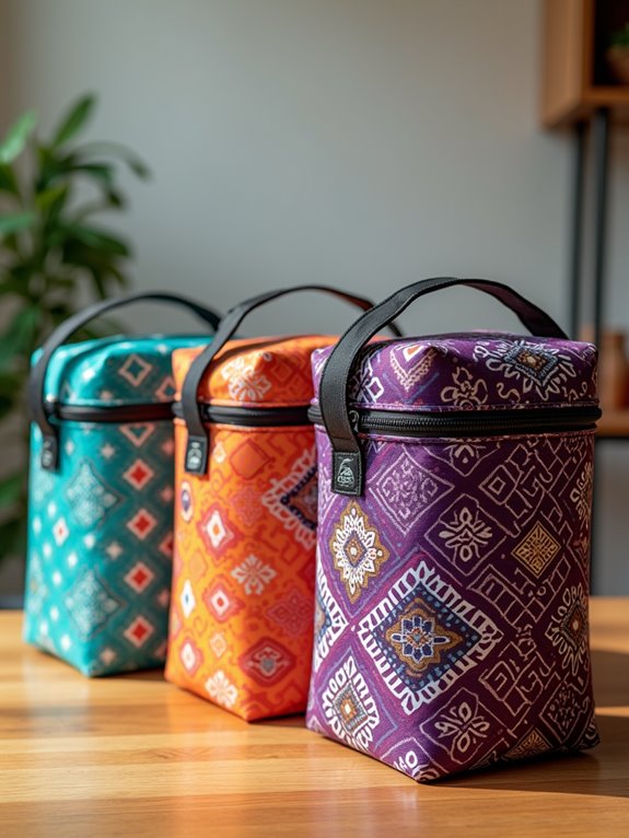 Colorful food bags with geometric patterns in teal, orange, and purple, featuring zip closures and handles.
