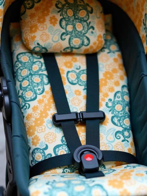 Padded stroller liner with yellow and green floral patterns, equipped with safety straps.