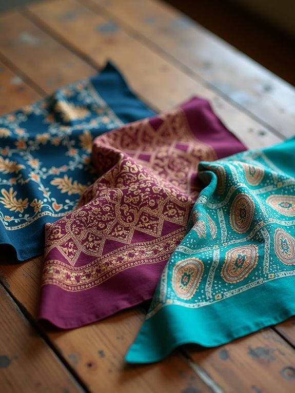 Colorful bandanas in blue, maroon, and teal with intricate patterns, displayed on a wooden surface.