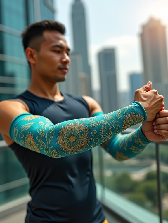 Man wearing teal arm sleeves with golden floral patterns, stretching outdoors with a cityscape in the background.