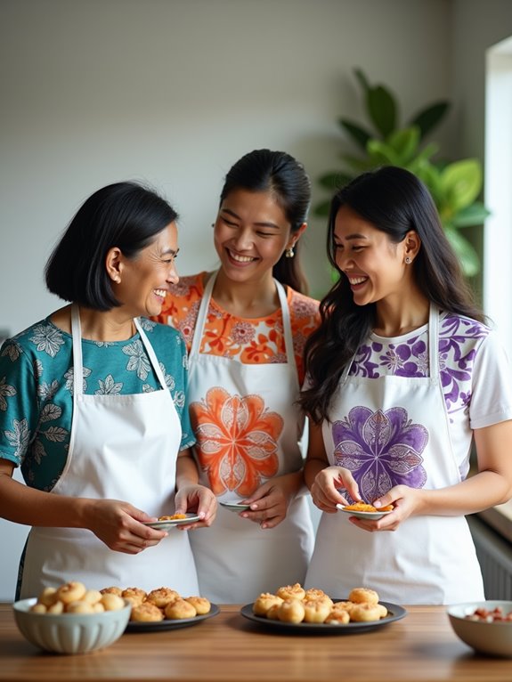 Three women in colorful aprons with floral designs smiling and preparing baked goods in a kitchen.