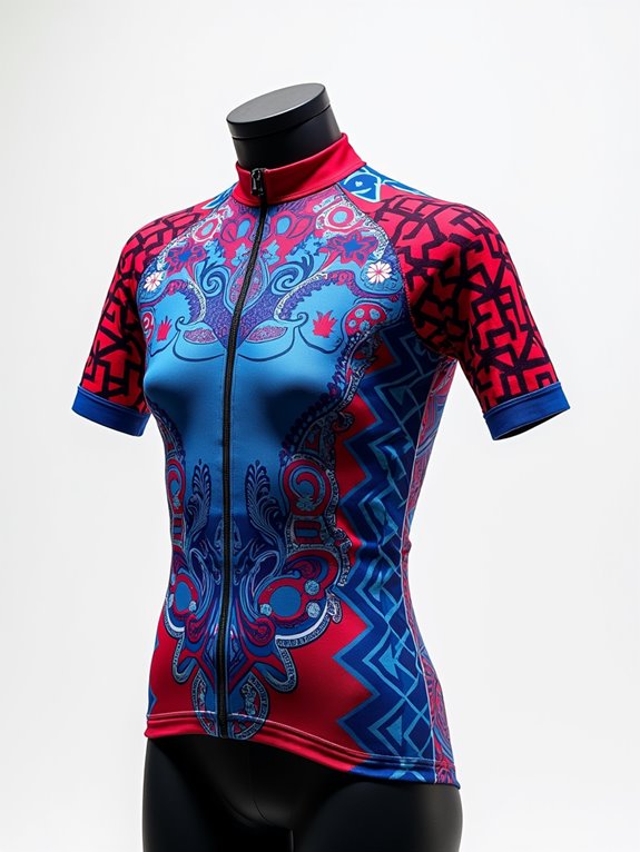 A colorful sports jersey with intricate patterns, designed for activities like cycling or soccer.