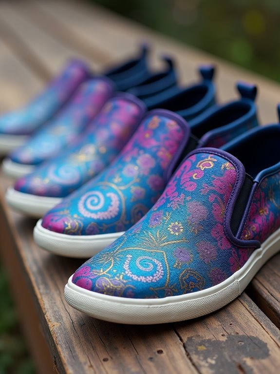Colorful canvas shoes with intricate floral and swirl patterns in blue and purple tones, lined up on a wooden bench.