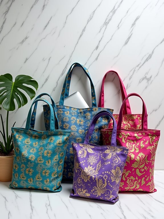 Colorful tote bags in teal, purple, and pink with intricate gold patterns, displayed against a marble background.