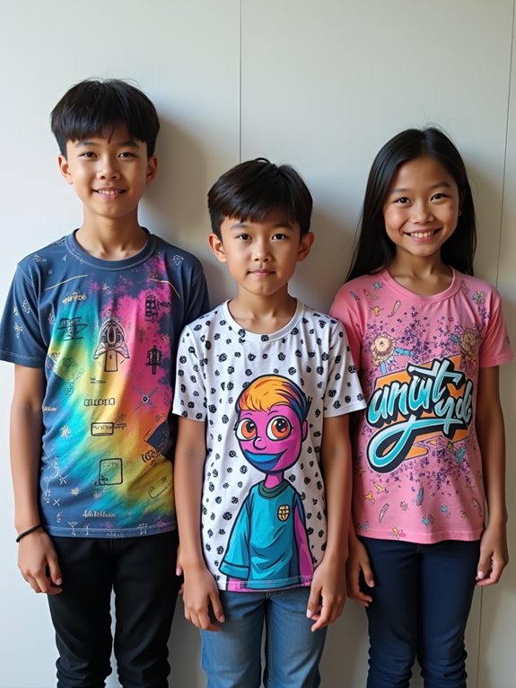 Three children wearing trendy t-shirts with vibrant colors, bold graphics, and unique designs, including anime and street style elements.