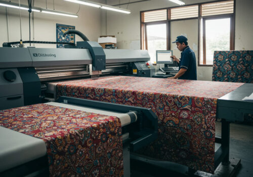 Operator using a direct-to-fabric printing machine to print colorful patterns on fabric rolls in a workshop.