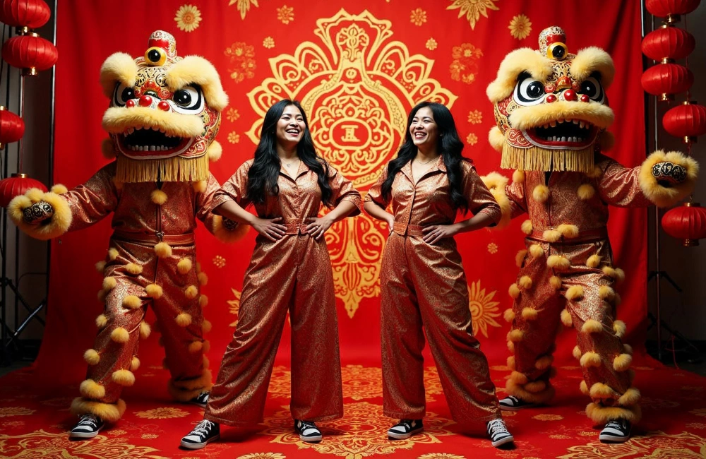 Desain printing fashion bermotif barongsai untuk pakaian Imlek.