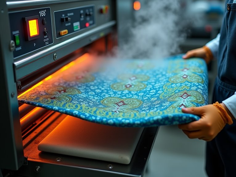 Fabric being heat-set in a post-treatment process to ensure durability and vibrant colors.