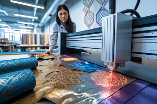 Various creative textile pieces made using laser cutting, including layered fabrics, decorative appliqués, and precision-cut fashion designs