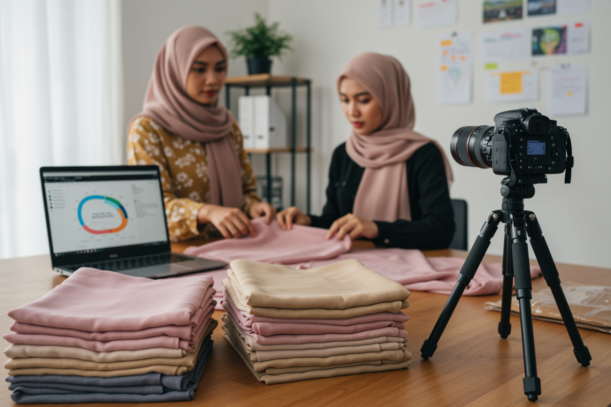 Seorang pebisnis sedang membuat konten untuk bisnis hijabnya.