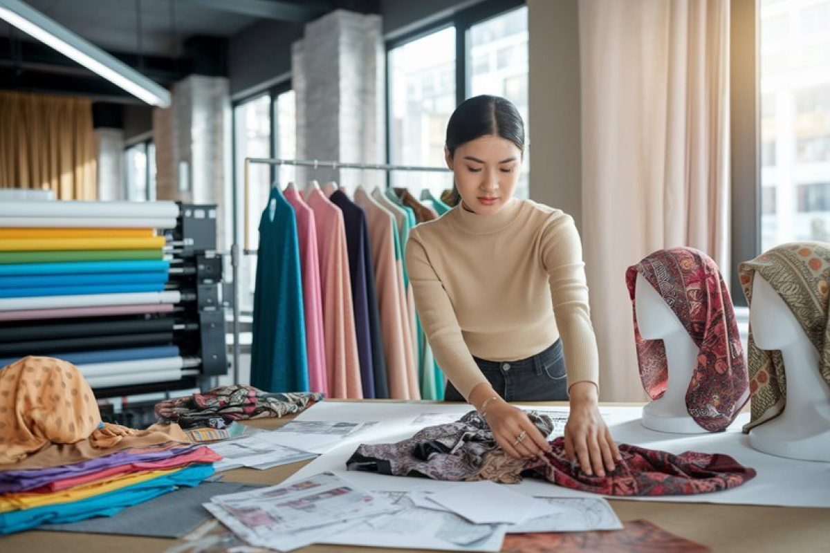 Seseorang sedang mempersiapkan produk hijab printingnya.