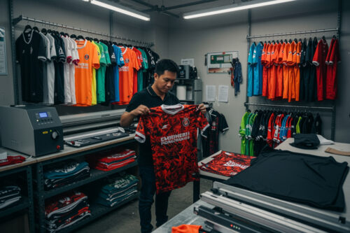 seorang pebisnis sedang melihat hasil cetak jerseynya