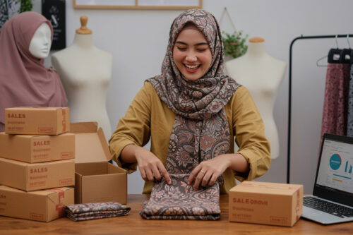 Seorang pebisnis sedang mempesiapkan produk hijabnya untuk dikirimkan.