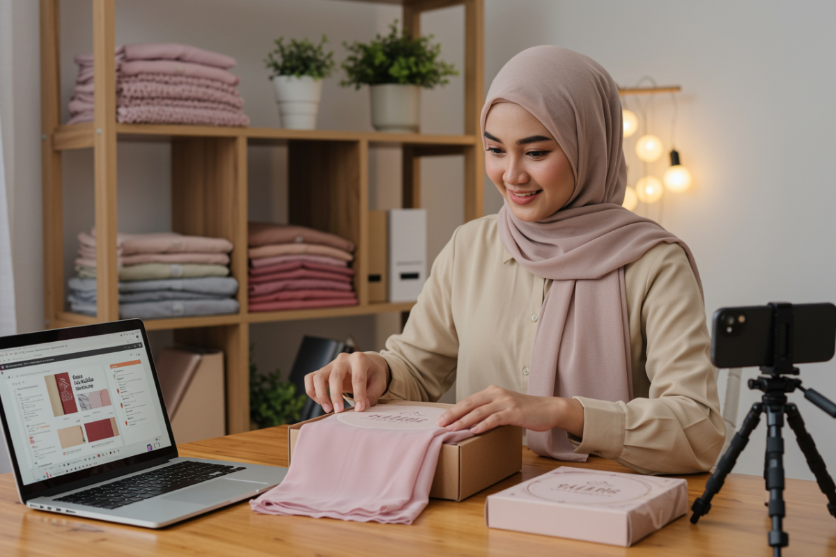 Seorang pebisnis sedang membuat konten berjualan hijab.