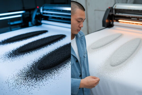 Comparison between black and white DTF powder for professional fabric printing applications.