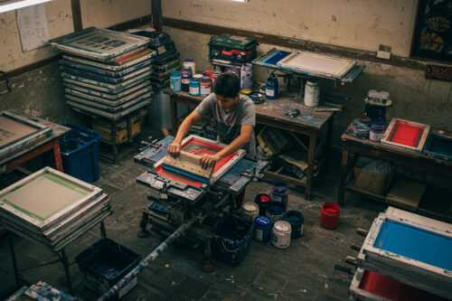 Seseorang sedang melakukan teknik printing tradisional