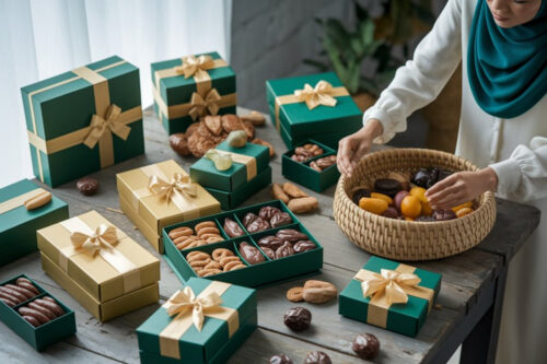 Examples of profitable Eid hampers including halal beauty sets and gourmet food.