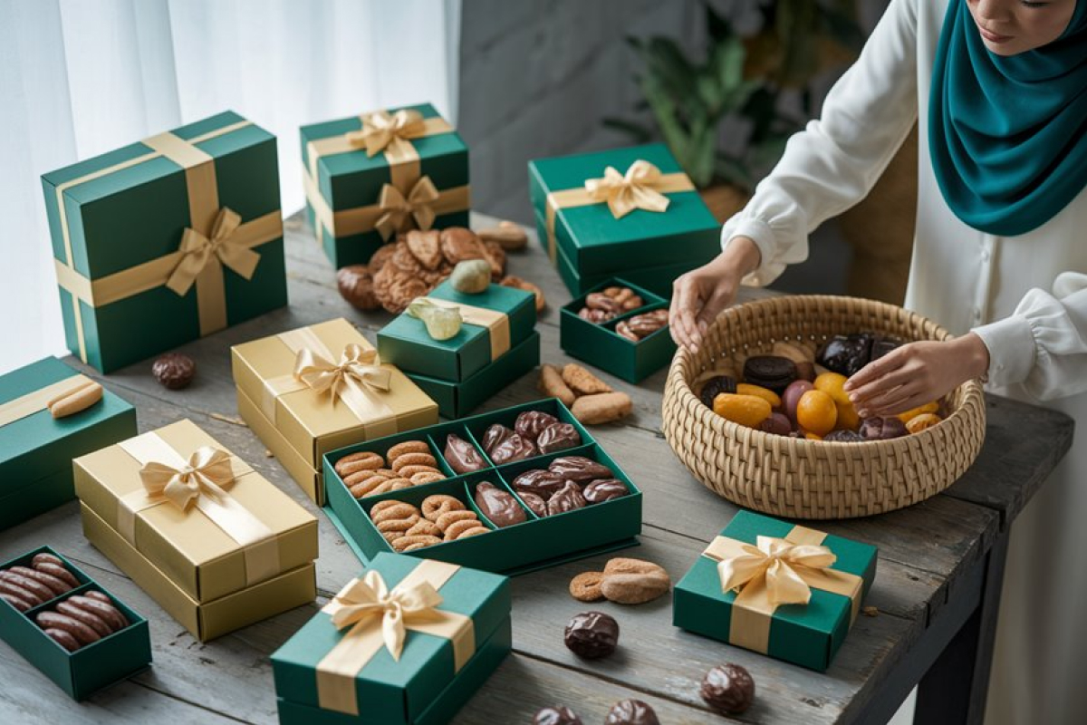 Examples of profitable Eid hampers including halal beauty sets and gourmet food.