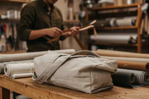 Various premium materials for tote bags including canvas, neoprene, calico, jute, spunbond, and parachute fabric