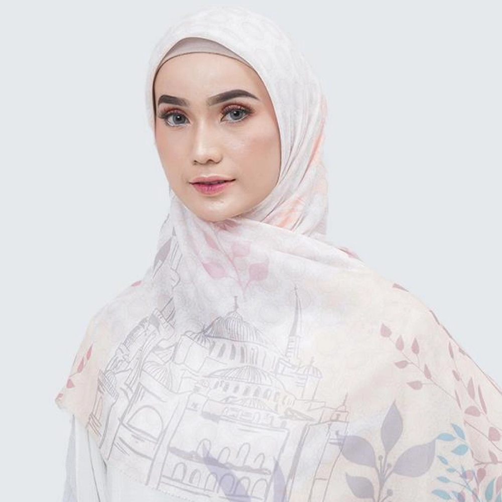 Hijab featuring intricate Grand Mosque motifs from Uzbekistan, showcasing rich cultural patterns and architectural elegance. 