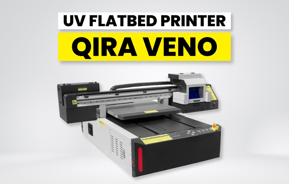 Qira Veno UV Flatbed Printer for printing on plastic, glass, wood, and other durable rigid materials.