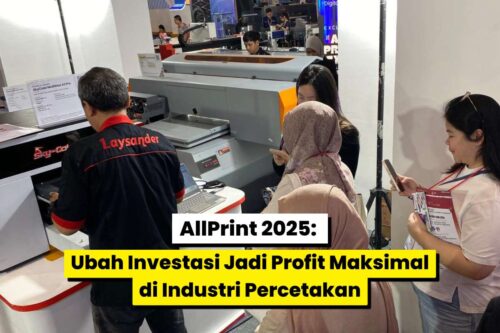Suasana booth Laysander di pameran All Print 2025 menampilkan mesin percetakan modern dan pengunjung yang antusias melihat teknologi terbaru.