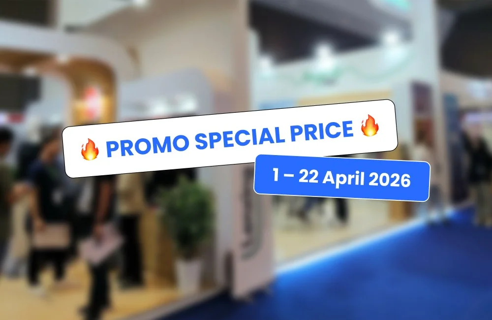 Banner promo special price di pameran Indo Intertex 2026 dengan periode 1–22 April untuk penawaran mesin tekstil.