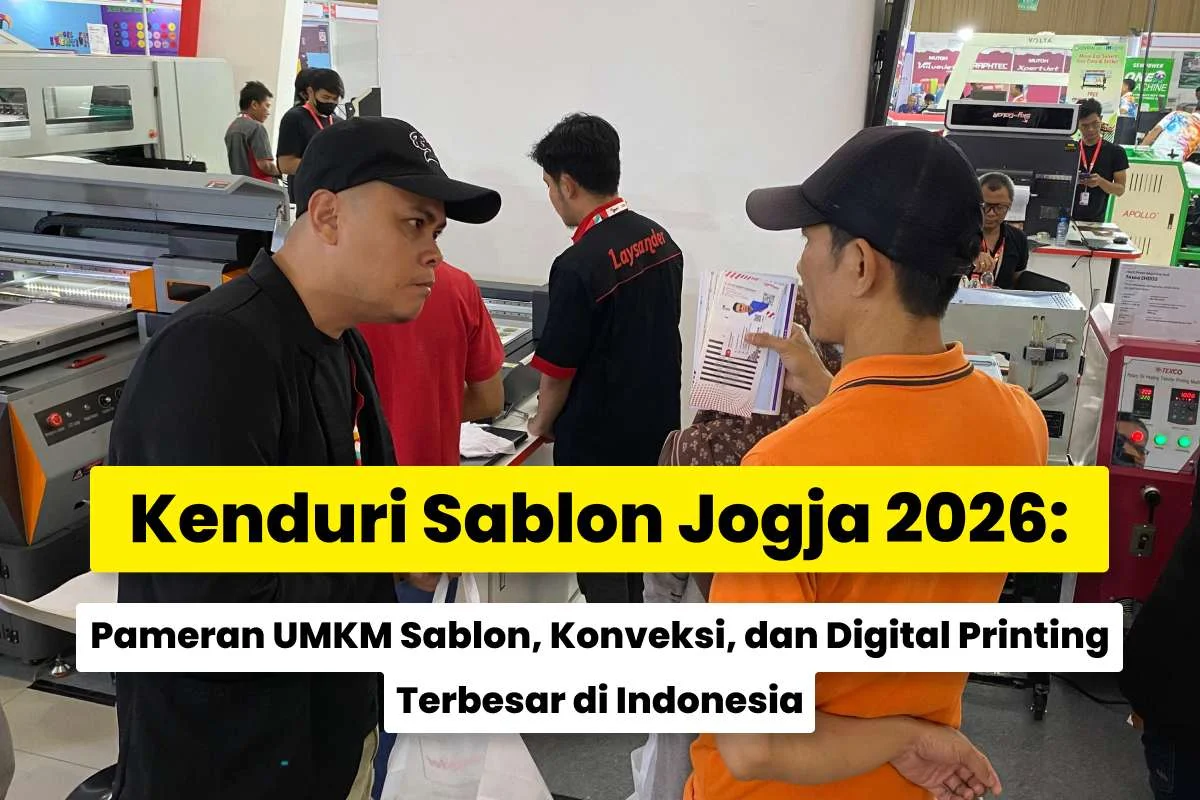 Suasana pameran kenduri sablon jogja 2026 dengan pengunjung melihat mesin printing dan konsultasi bisnis sablon di booth pameran.