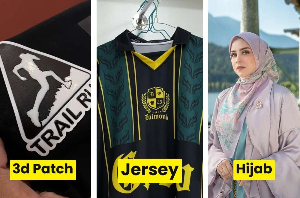 Contoh produk 3D patch, jersey, dan hijab sebagai peluang bisnis apparel custom di kenduri sablon jogja 2026.