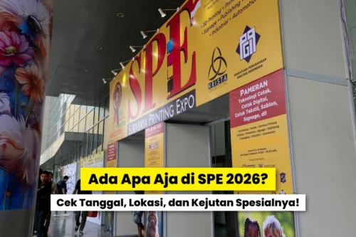 Area entrance pameran Surabaya Printing Expo dengan banner SPE di Grand City Surabaya, menampilkan informasi acara dan suasana pengunjung pameran surabaya printing expo 2026.