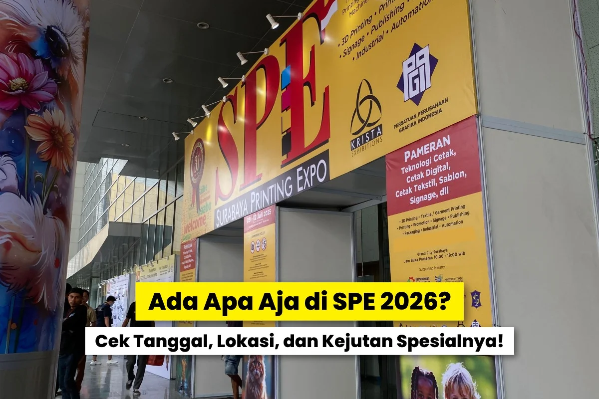 Area entrance pameran Surabaya Printing Expo dengan banner SPE di Grand City Surabaya, menampilkan informasi acara dan suasana pengunjung pameran surabaya printing expo 2026.