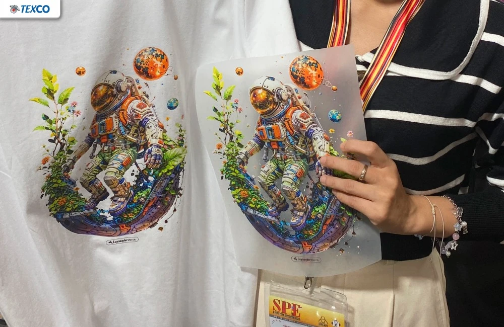 T-Shirt Eksklusif Laysander dengan hasil cetak ilustrasi astronot berwarna cerah sebagai hadiah di pameran IAPE 2026.