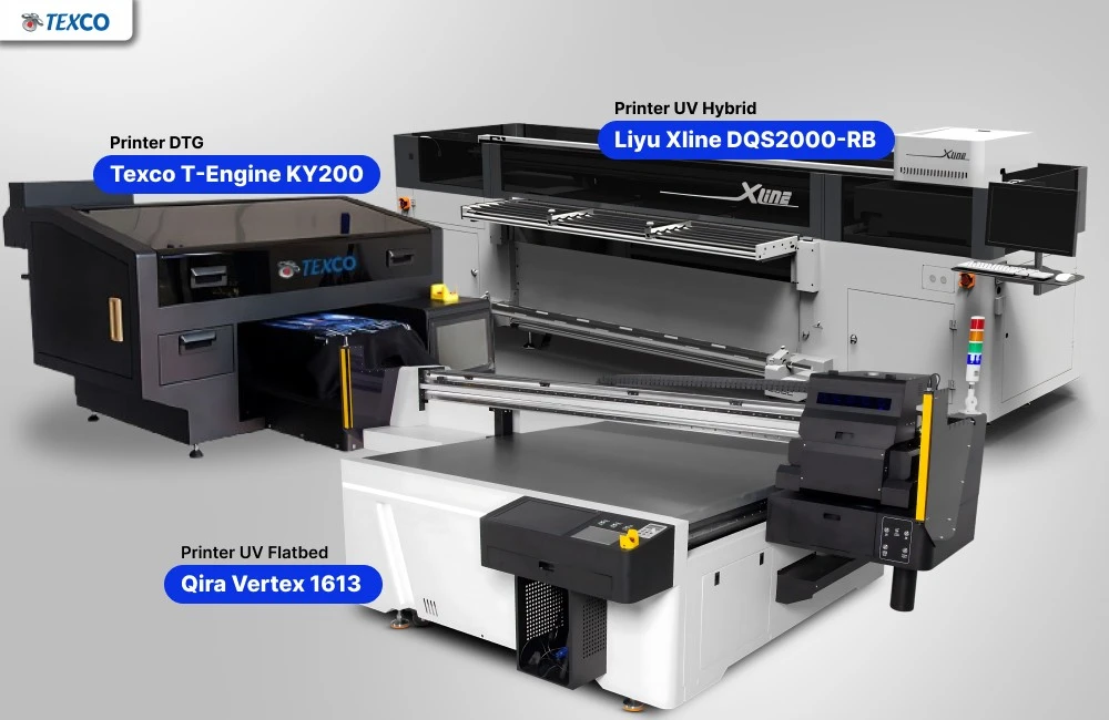 Tiga mesin baru Texco untuk AllPrint Indonesia 2026, yaitu Texco T-Engine KY200, Liyu Xline DQS2000-RB, dan Qira Vertex 1613.
